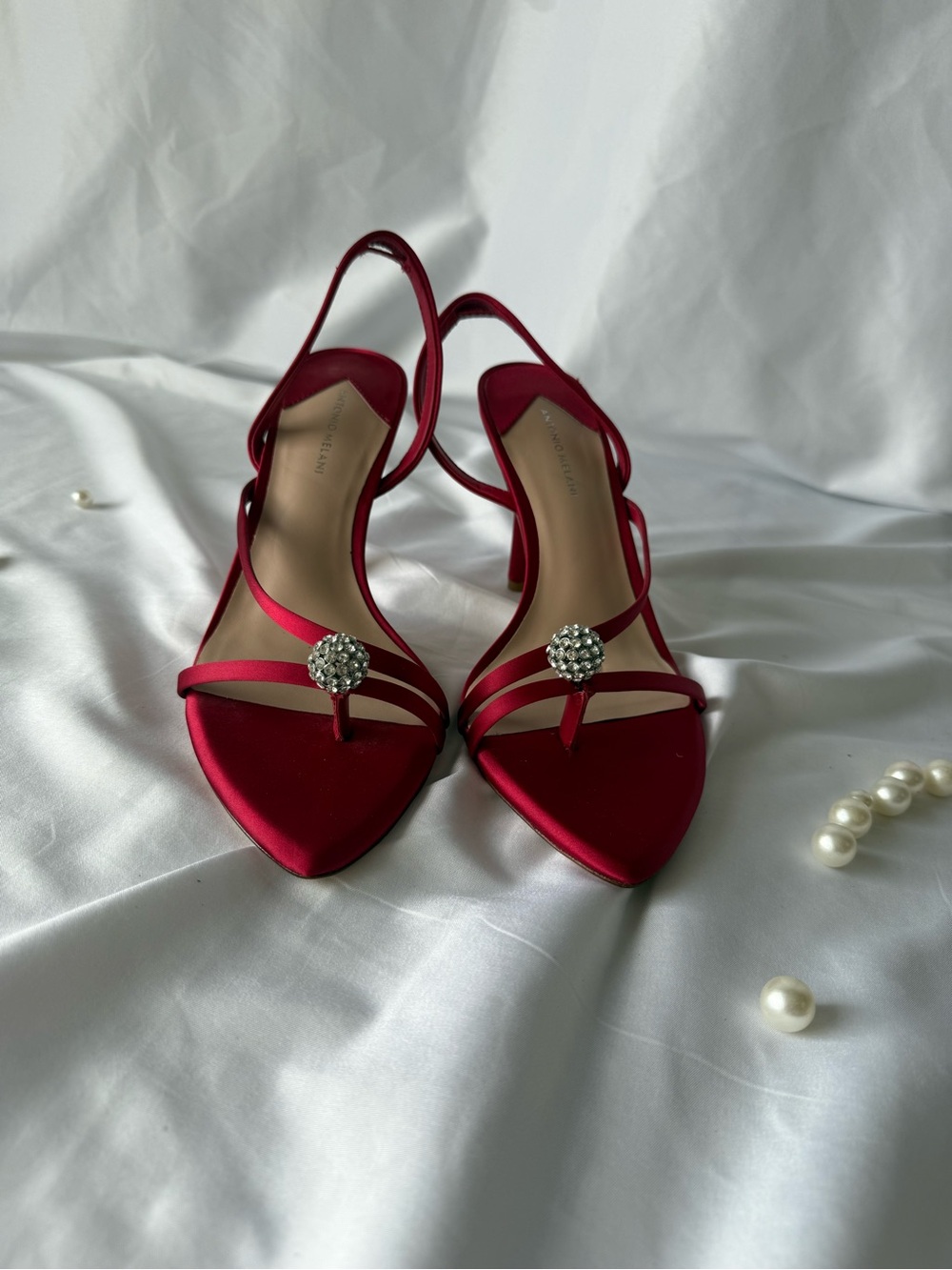 ANTONIO MELANI Ruby Red Satin Slingback Heels with Crystal Brooch